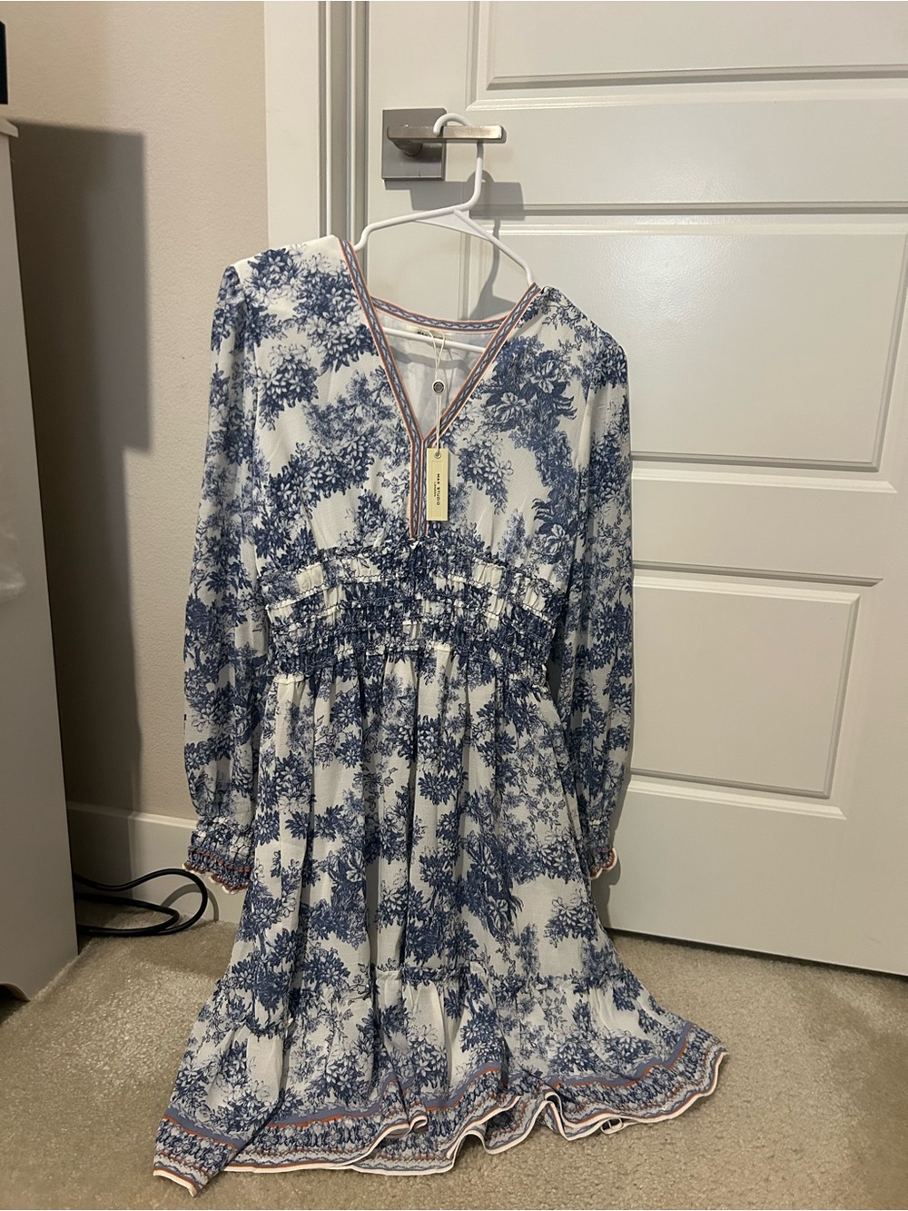 Max Studio White and Blue Floral Smocked Dress